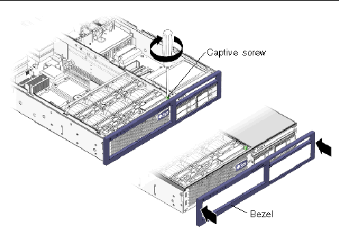 Figure showing bezel installed on front of sever with screwdriver tightening captive screw