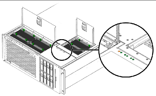 This illustration shows the location of the six system fan tray LEDs on the left of the top panel. Each fan tray has one LED.