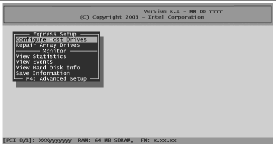 Screen capture showing the displayed Express Setup window with the "Configure Host Drives" option selected.