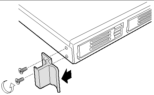 Figure shows how the handles are mounted onto the Sun Fire V60x and V65x server chassis.