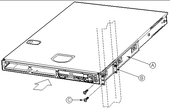 Figure showing how to install the Sun Fire V60x and V65x serverchasis in the rack.