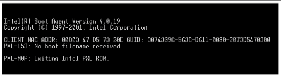 Screen capture of "No boot filename received" message that informs the user that the network boot has failed.