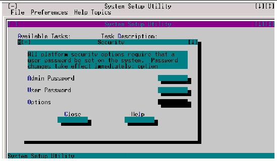 Screen capture of the Security Main window, which allows the user to set up Admin and User passwords.