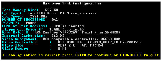Screen capture of the messages displayed as PCT starts.