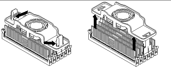 Figure showing position of the vertical fan support bars and direction of fan removal.