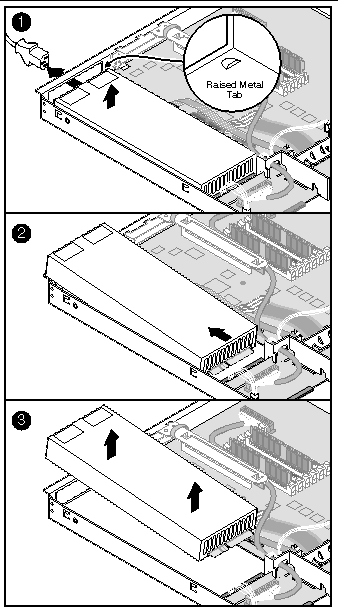 Figure showing the server unit with top cover off, showing the motion upward for power supply removal from a Sun Fire V60x server.