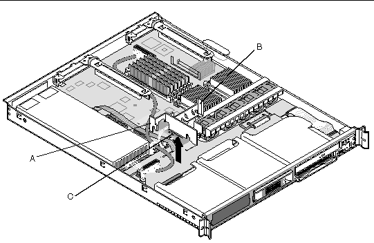 Figure with labels showing the various parts of the Sun Fire V60x air baffle.