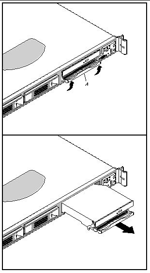 Figure showing floppy/CD_ROM module being slid toward the front of the server unit for removal.