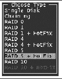 Screen capture of the window listing RAID type choices. The user selects the desired type from this window.