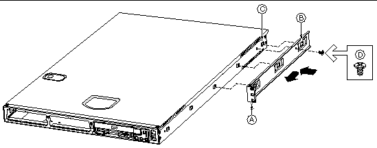 Figure showing how to install the Sun Fire V60x and V65x chassis bracket in the mid-mount position.