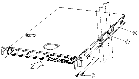 Figure showing the Sun Fire V60x and V65x server installed in a rack.