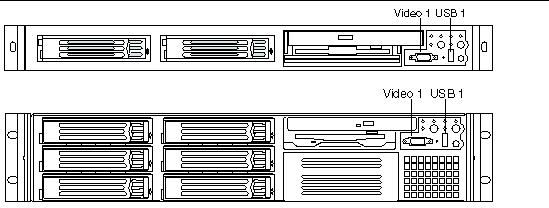 Figure showing the front panels of the Sun Fire V60x and Sun Fire V65x servers. 