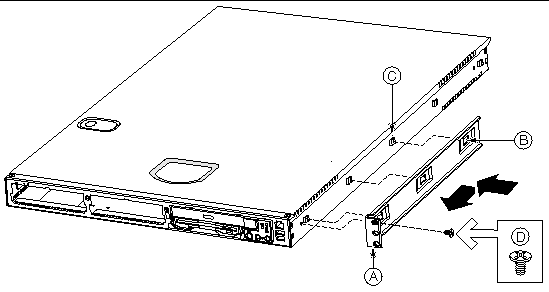 Figure shows the mounting of side rails, necessary for front mounting of the Sun Fire V60x and V65x in a rack. The following alphbetical list desribes the location of installation components.