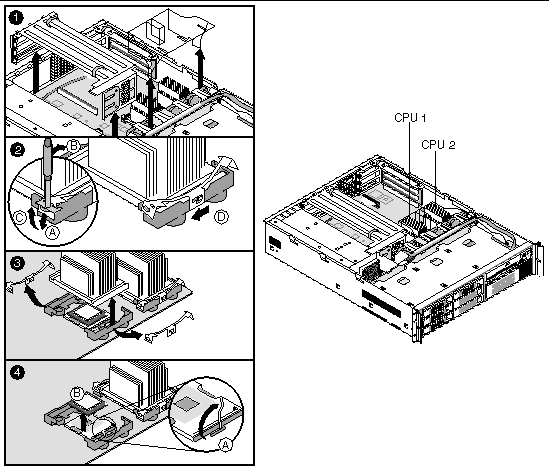Figure showing heatsink and processor removal for the Sun Fire V65x server. The text preceding the illustration explain the steps shown in the figure.