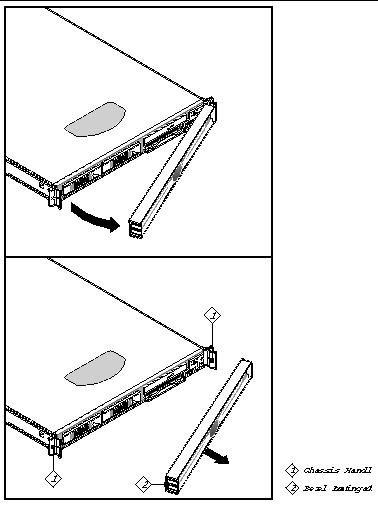 Figure showing removal of the Sun Fire V60x server front bezel. Figure shows locations of the chassis handles and the direction of bezel removal.