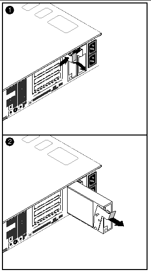 Figure showing removal of the power supply from a Sun Fire V65x server.