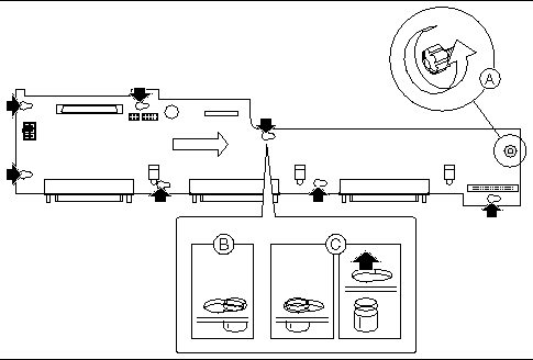 Figure showing locations of attachment slots, then direction to move and remove SCSI backplane assembly from the server main board.