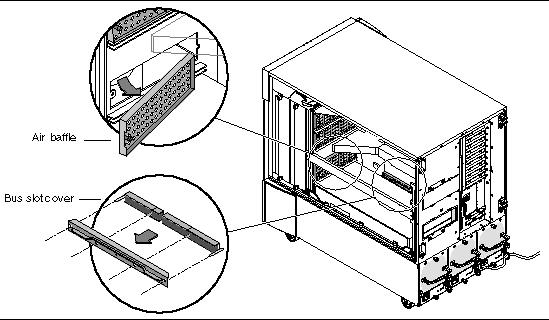 Figure showing removal of the chassis interior air baffle and bus slot filler covers.