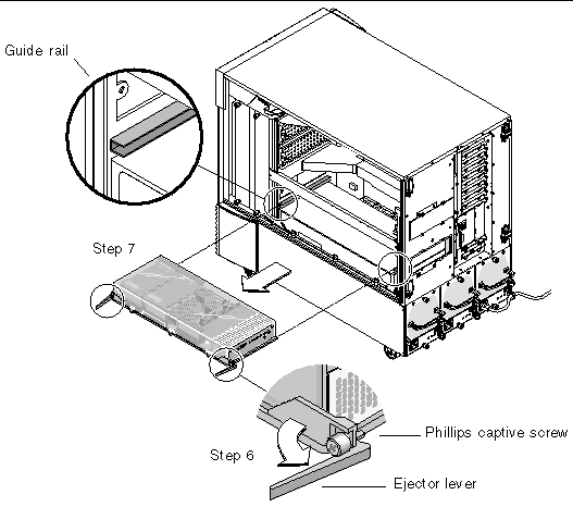 Figure showing removal of the Sun XVR-4000 graphics accelerator from the Sun Fire V880z chassis slots.