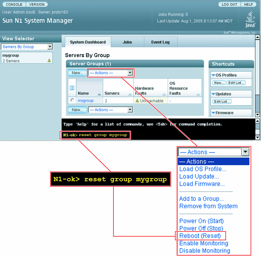 This graphic shows the
Actions menu with the Reboot item highlighted.