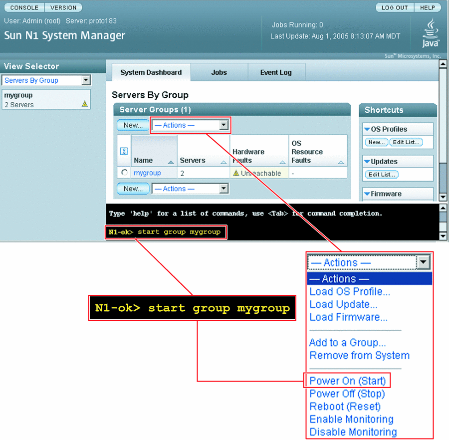 This graphic shows the
Actions menu with the Power On item highlighted.