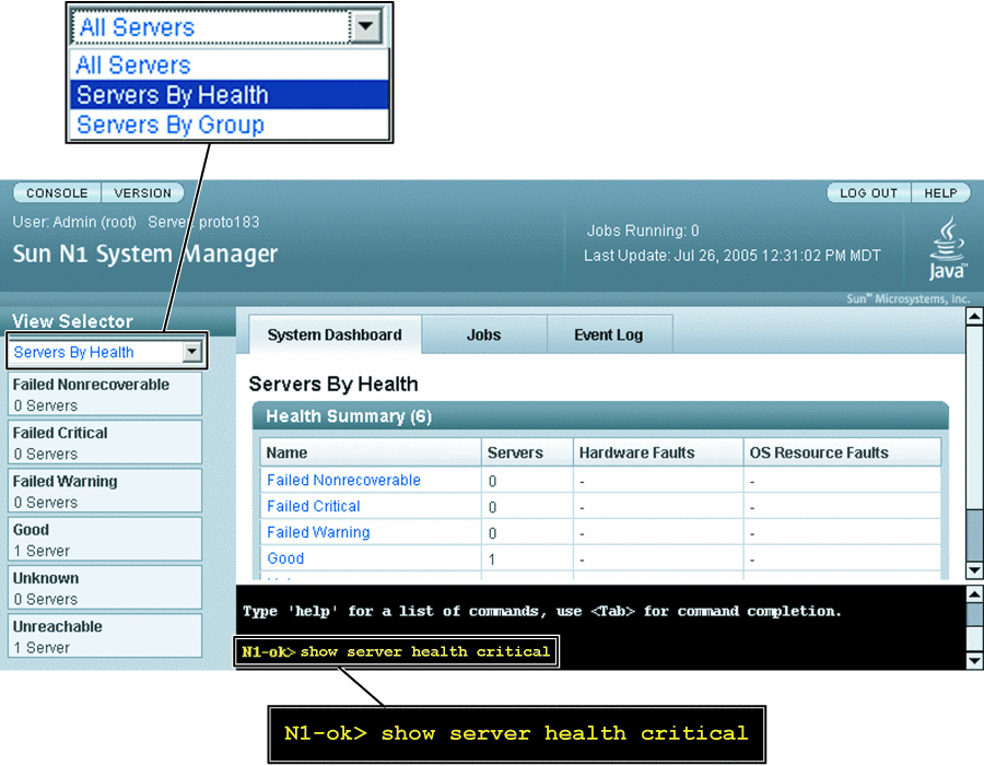 This graphic shows the
View Selector menu with the Servers By Health
item highlighted.