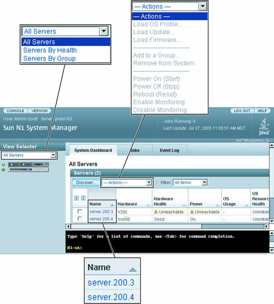This graphic shows the View Selector menu, the Actions menu,
and server name links.