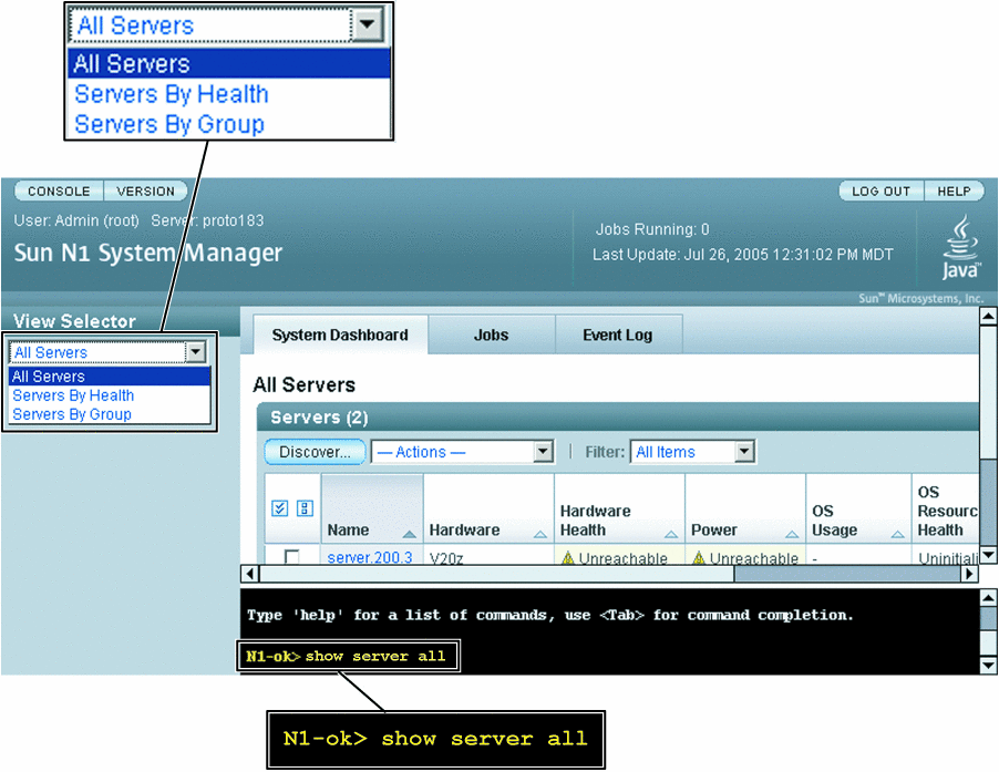 This graphic shows the View Selector menu with the All Servers
item highlighted.