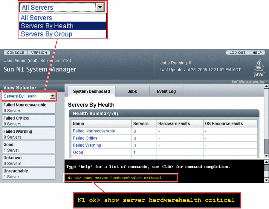 This graphic shows the View Selector menu with the Servers By
Health item highlighted.