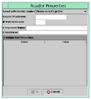 Screen capture of the Reader Properties dialog. Entry fields are Reader IP address, IP Port for Reader, Component Name, Class Name.