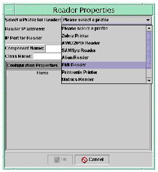 Screen capture of Reader Properties dialog showing expanded drop-down list for selecting a Profile.