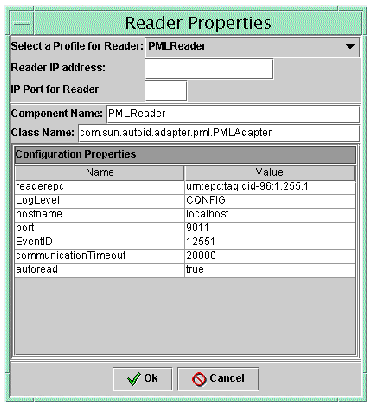 Screen capture of Reader Properties dialog showing populated fields for the selected Profile.