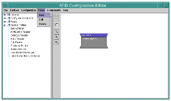 Screen capture showing RFID Configuration Editor expanded Roles Menu Option. Under Roles, choices are New, Edit, or Delete.Screen capture of New Role dialog showing empty text field, Select a Name. Buttons are Ok and Cancel.