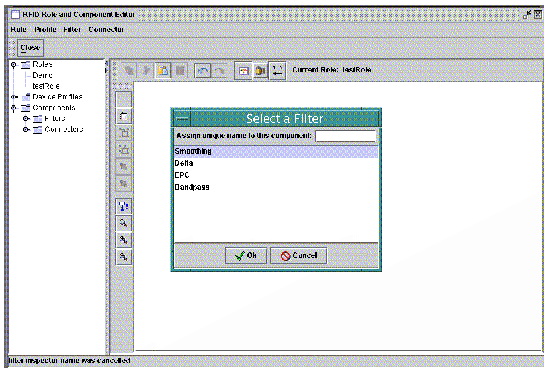 Screen capture showing Filter Selection dialog for the new Role. Name text field is empty. Buttons are Ok and Cancel.