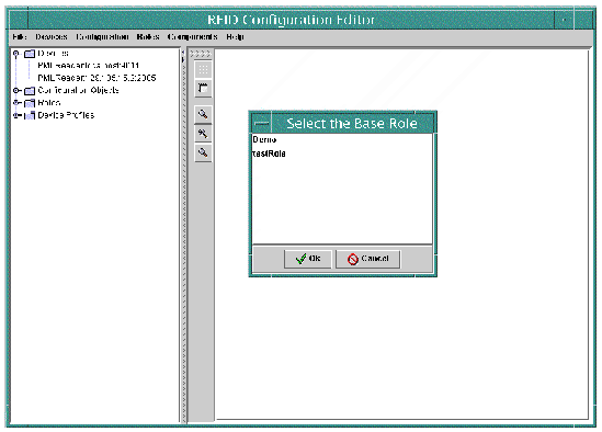 Screen capture showing New Configuration dialog for selecting the Base Role. Buttons are Ok and Cancel.