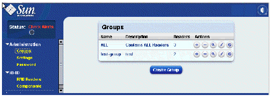 Screen capture showing RFID Management Console Groups panel. Button is Create Group.