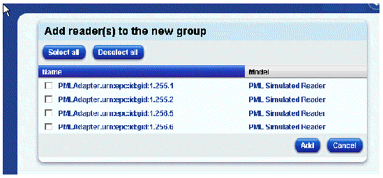 Screen capture showing the available readers to add to a group. Buttons at top are Select all and Deselect all. Buttons in lower right are Add and Cancel.