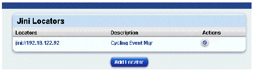 Screen capture showing the RFID Management Console Jini Locator panel. Button is Add Locator.