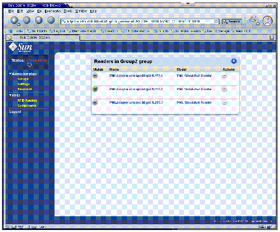 Screen capture showing RFID Management Console Administration Groups panel with two inactive readers and one active reader.