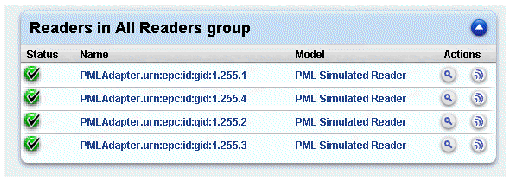 Screen capture showing individual readers in a group. Actions column shows two icons, Inspect and View Tags.