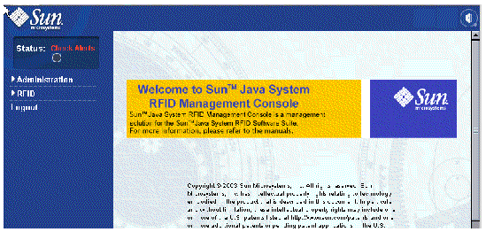 Screen capture showing RFID Management Console Welcome screen. Menu options are Administration, RFID, and Logout.