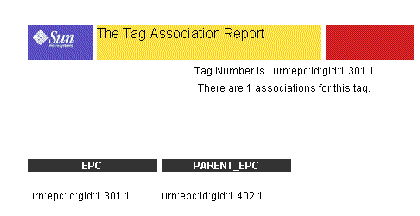 Screen capture showing RFID Tag Association Report listing one EPC association.