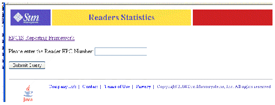 Screen capture showing EPCIS Reporting Framework index page.Screen capture showing Readers Statistics Report query prompt. Reader EPC Number text field is empty. Button is Submit Query.
