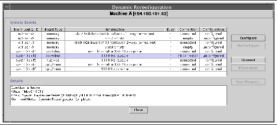 Screen capture of the Dynamic Reconfiguration window with Disconnected Board selected. 