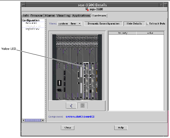 Screen capture of Hardware tab in the Details window, showing the Physical view of a disconnected board with yellow LED. 