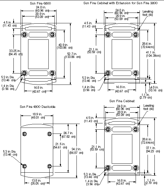 Sun Fire 6800 system, sunfire cabinet, cabinet with extension, and Sun Fire 4800 deskside system footprint dimensions