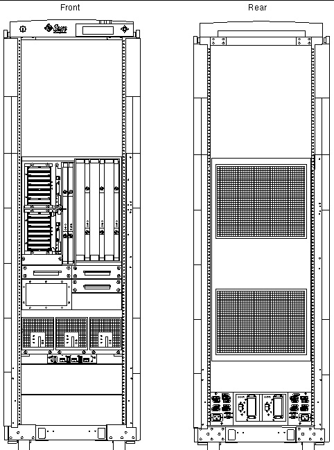 Front and rear view of a Sun Fire 4810 system mounted in an optional Sun Fire cabinet