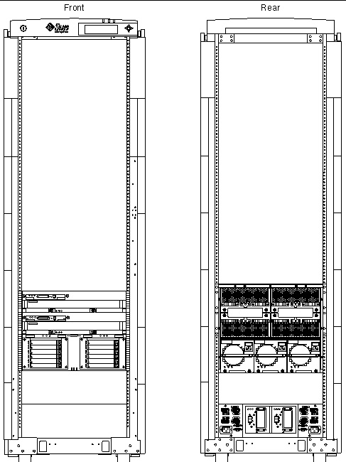 Front and rear view of a Sun Fire 3800 system mounted in an optional Sun Fire cabinet