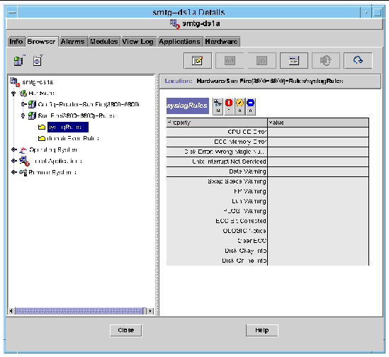 Screen capture of the Sun Fire 6800/4810/4800/3800 systems rules tables in the Browser tab of the Details window.