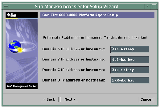 Screen capture of the Sun Management Center Setup Wizard, displaying the domain IP configuration panel. 